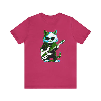 Cat playing the guitar wearing sunglasses T-shirt, music T-shirt