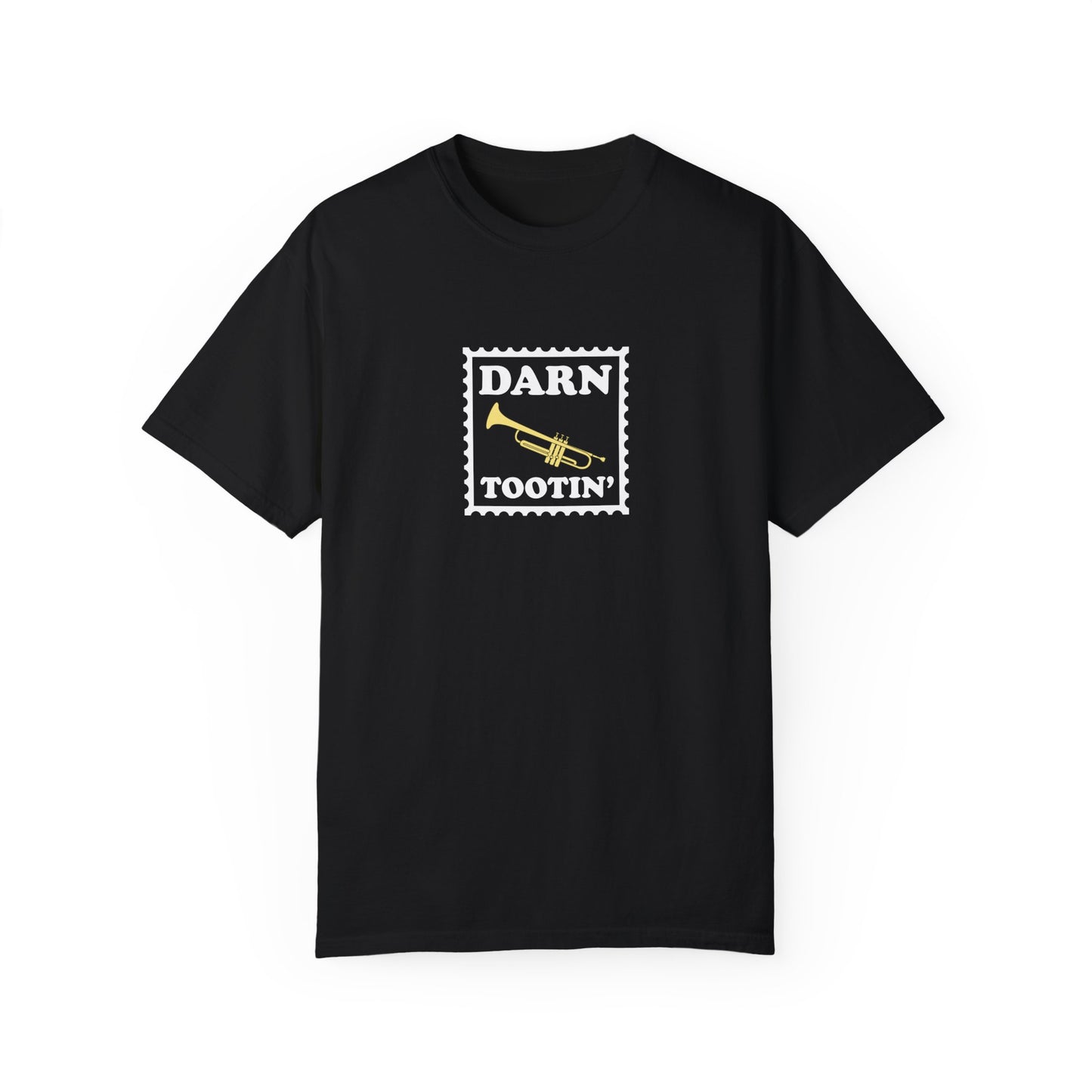 Trumpet player graphic tee, music pun tee that reads "Darn Tootin'", black shirt.