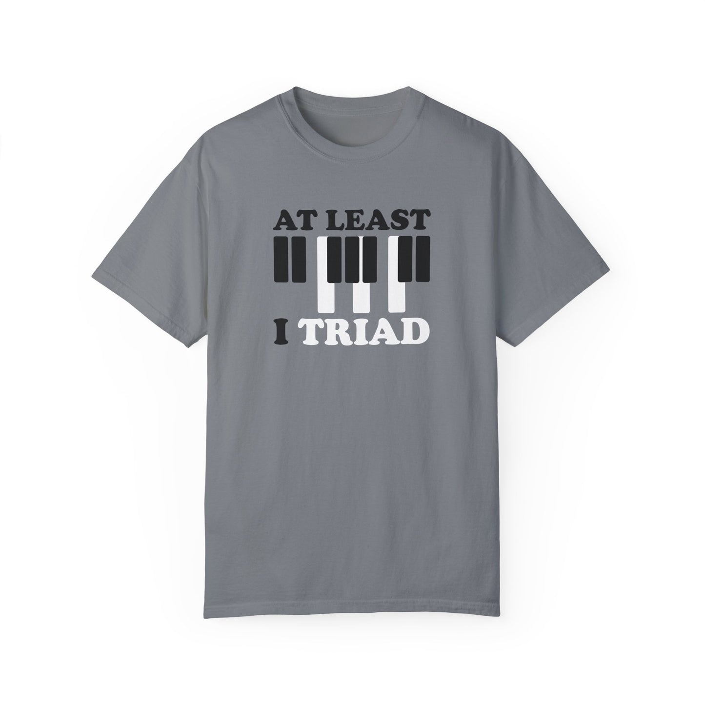 Tee Shirt with Piano Keys, an F major chord is highlighted.  Above read the words "At least I Triad". Grey Shirt.