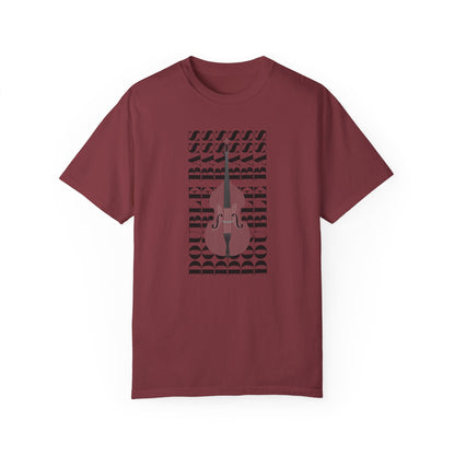 Music T-shirt, the words "double bass" are repeated in the background behind an upright bass.  Graphic Music Tee. Red.