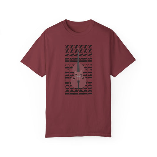 Music T-shirt, the words "double bass" are repeated in the background behind an upright bass.  Graphic Music Tee. Red.
