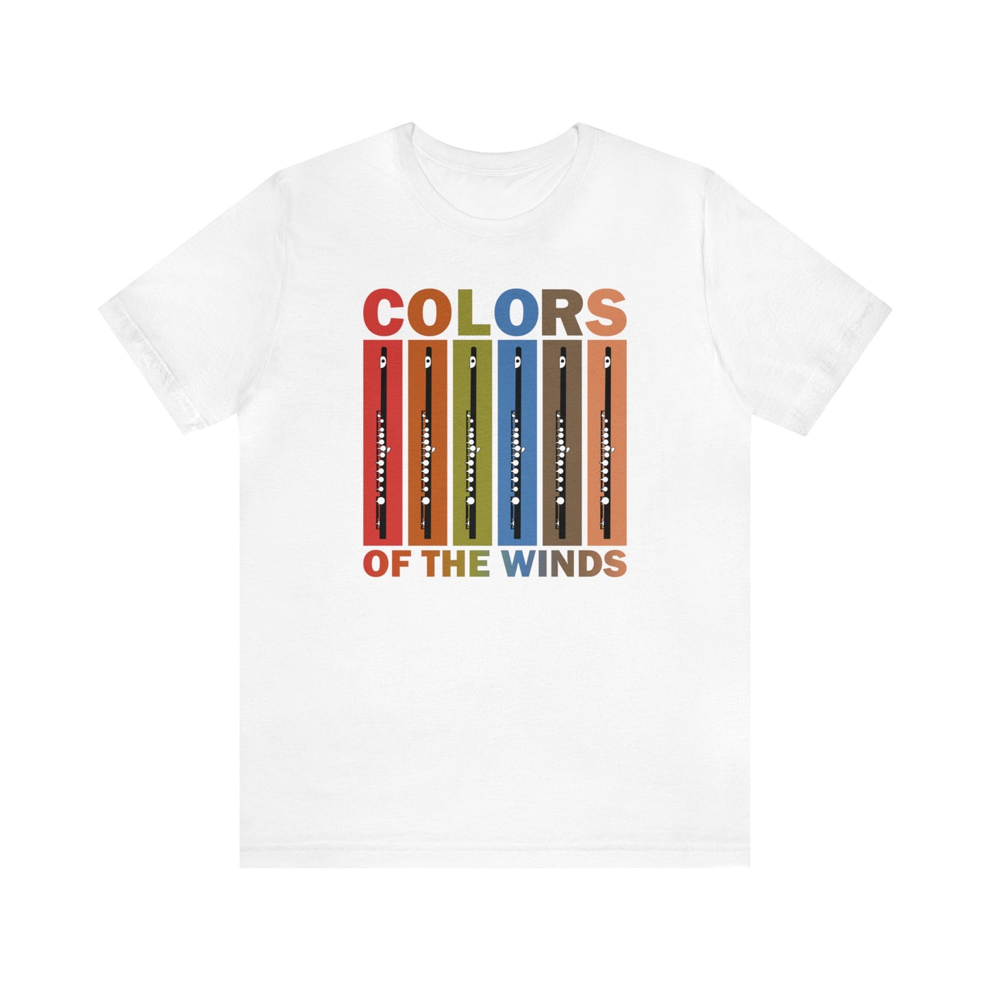 Music T-shirt, pictures of flutes and colors, "Colors of the Wind" music pun t-shirt