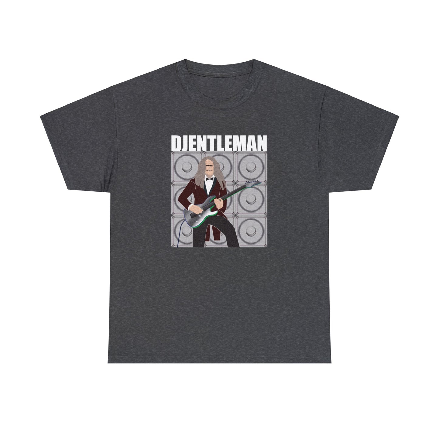 Music Pun T-shirt, the words "Djentalman" with a picture of a man in a red velvet tuxedo playing the guitar with amps behind him.  A play on the word "djent", popular to metal guitarists