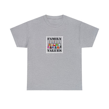 A graphic music t-shirt with 11 electric guitars of different shapes and colors.  The shirt says "Family Values".  