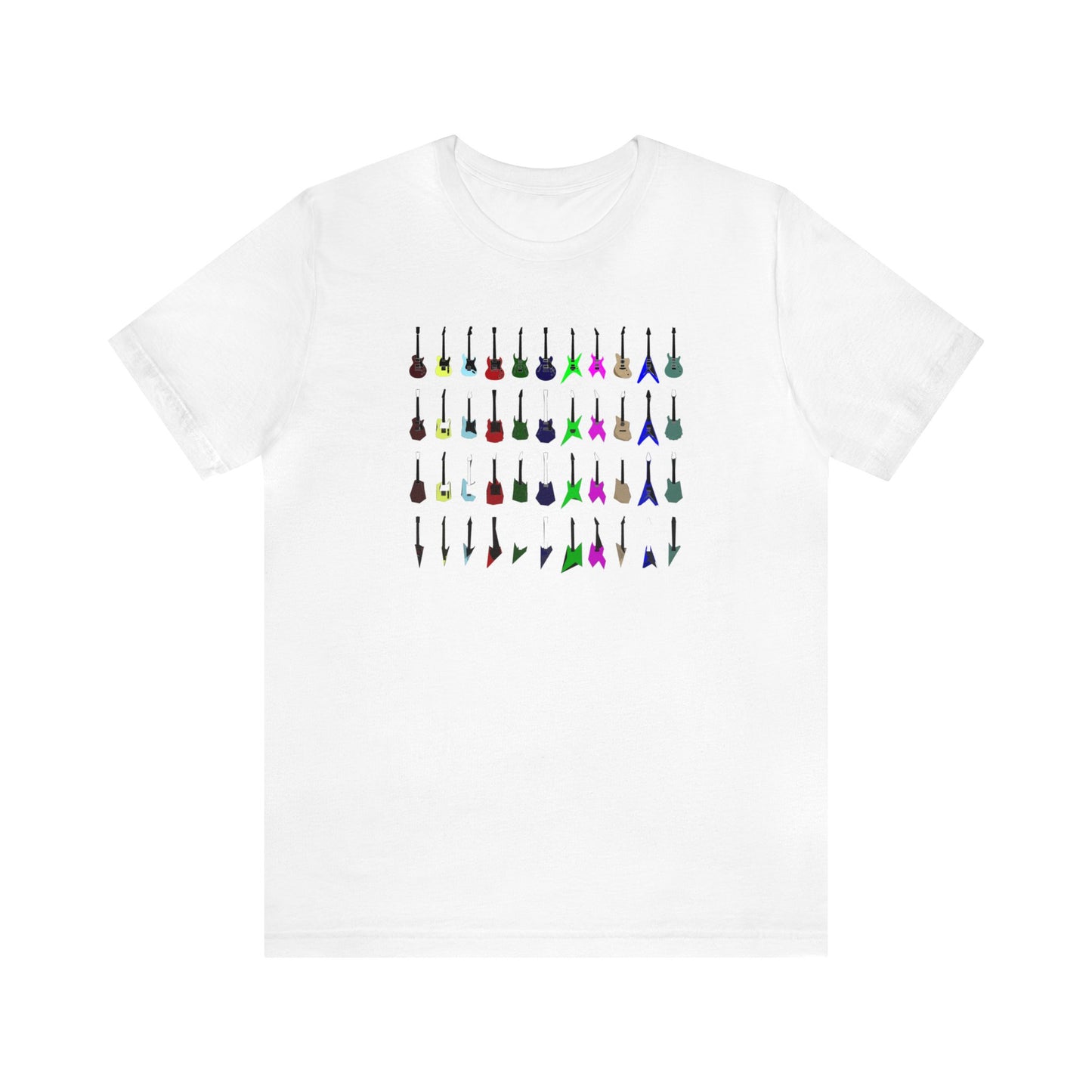 An array of electric guitars of different shapes, brands, and colors.  This graphic music tee shows the guitars becoming more and more abstract from the top to the bottom of the array.