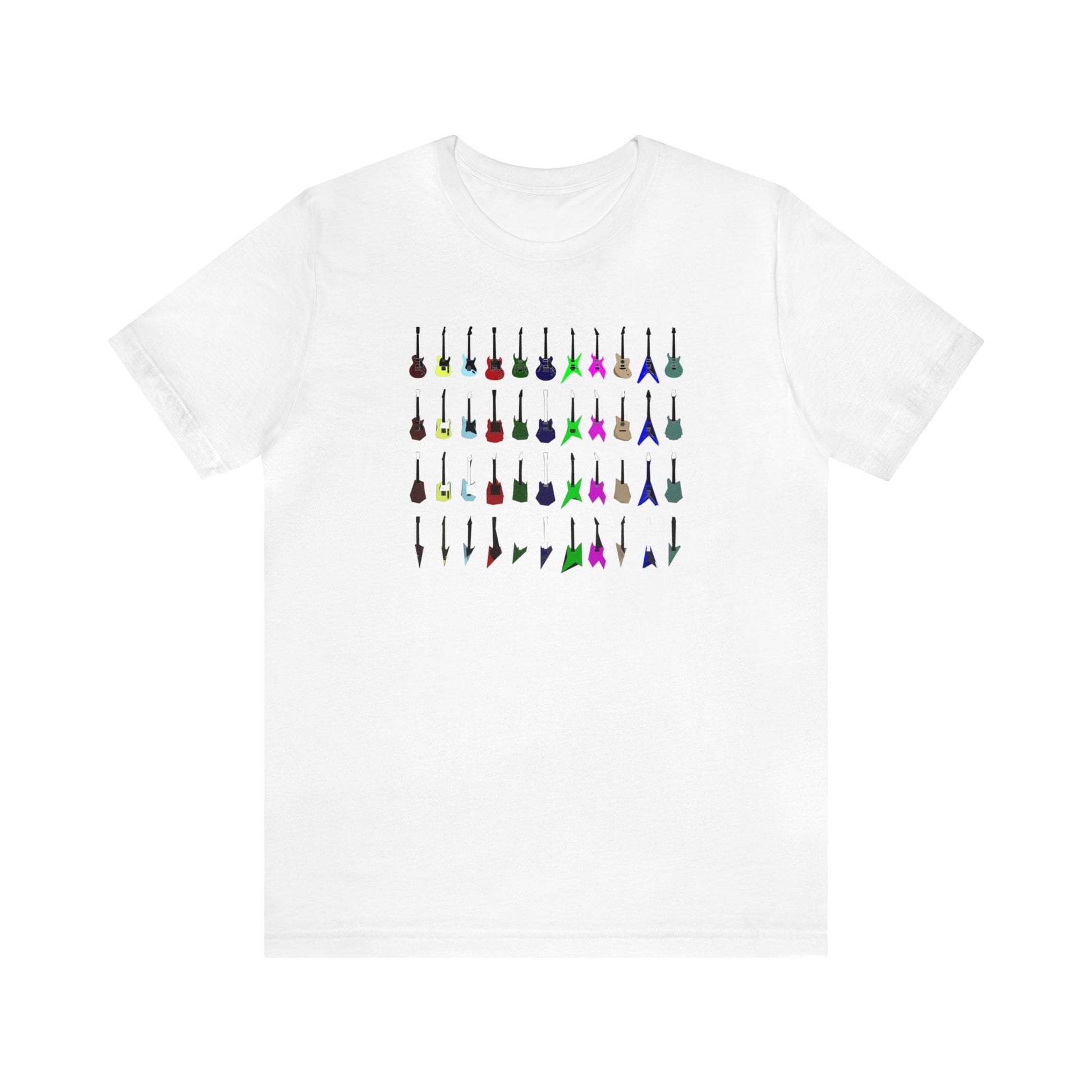 An array of electric guitars of different shapes, brands, and colors.  This graphic music tee shows the guitars becoming more and more abstract from the top to the bottom of the array.