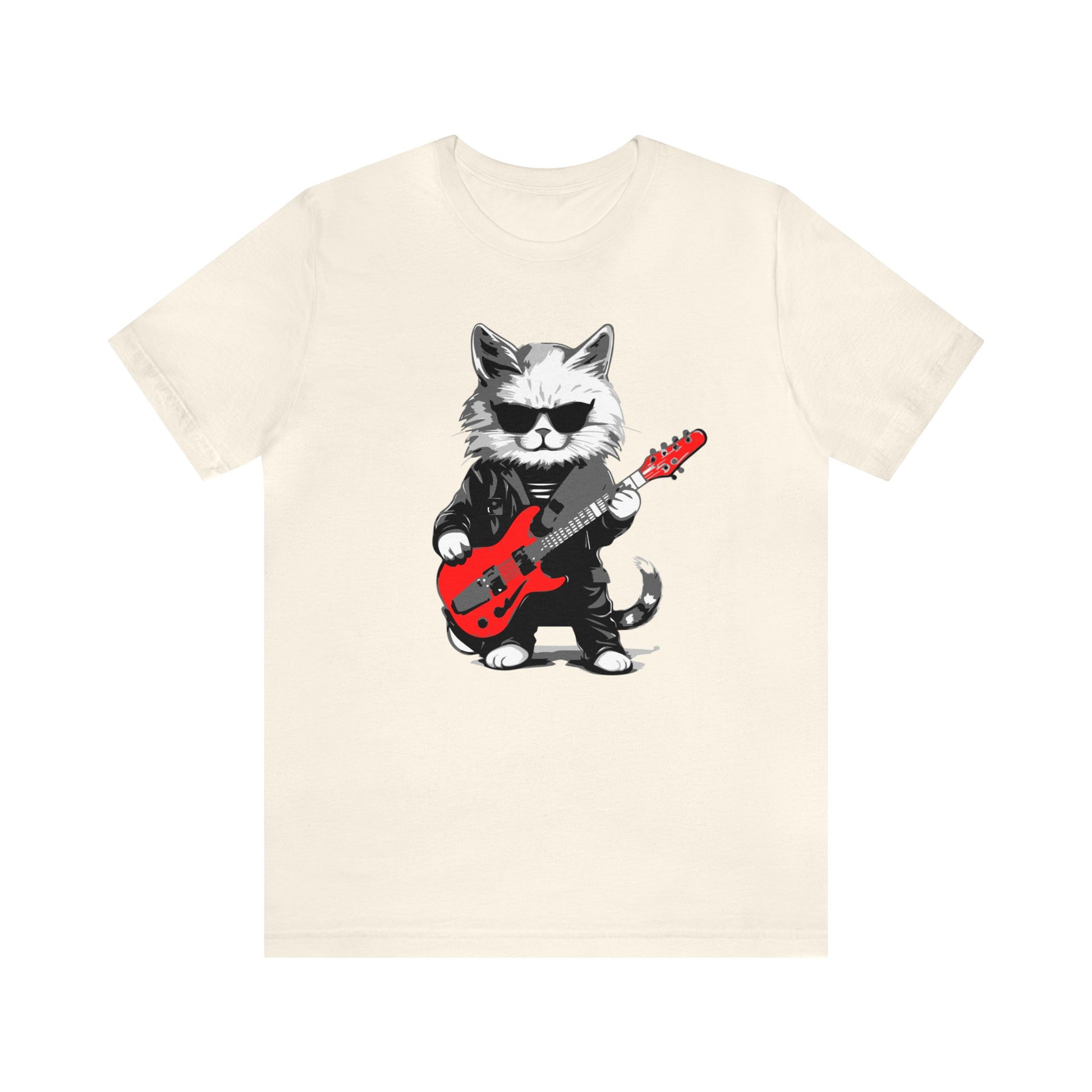 Cat playing the guitar wearing sunglasses T-shirt, music T-shirt