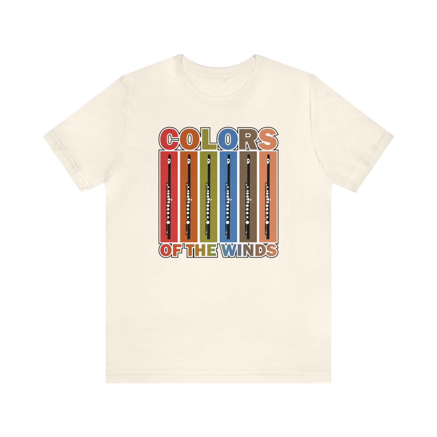 Music T-shirt, pictures of flutes and colors, "Colors of the Wind" music pun t-shirt