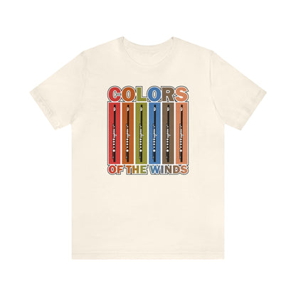 Music T-shirt, pictures of flutes and colors, "Colors of the Wind" music pun t-shirt