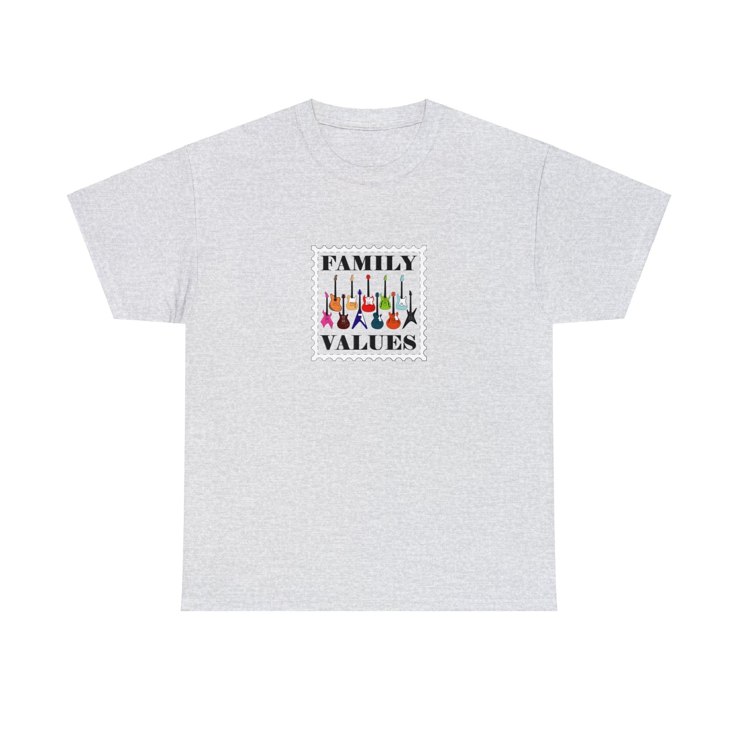 A graphic music t-shirt with 11 electric guitars of different shapes and colors.  The shirt says "Family Values".  