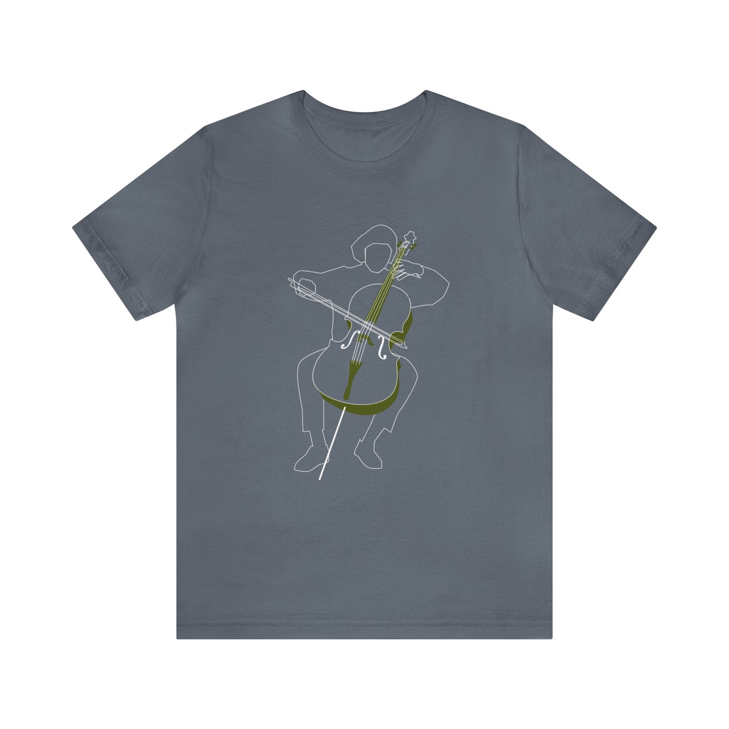 Graphic music t-shirt.  White outline of a person playing the cello on a blue-grey shirt.  Cello has green accents.