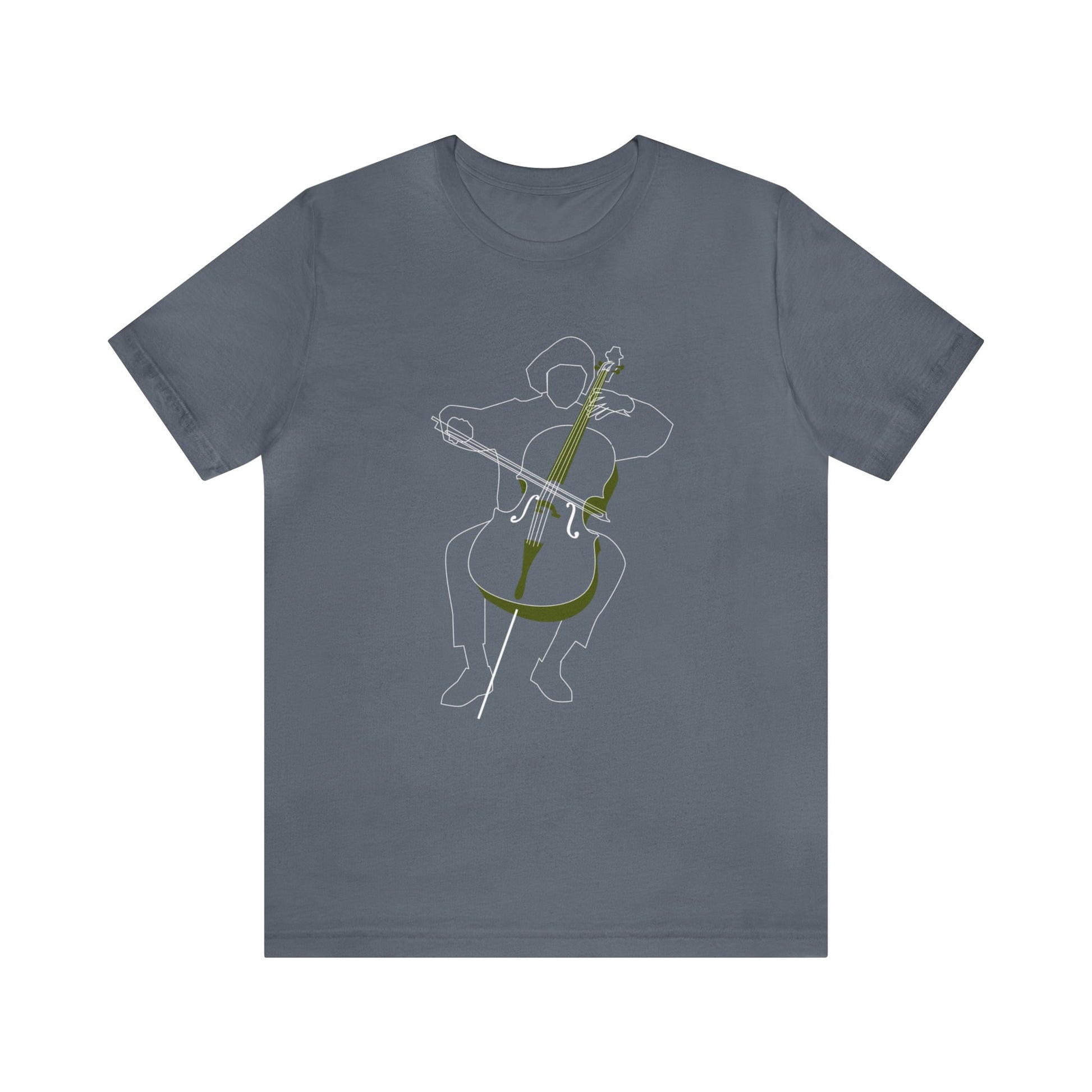 Graphic music t-shirt.  White outline of a person playing the cello on a blue-grey shirt.  Cello has green accents.