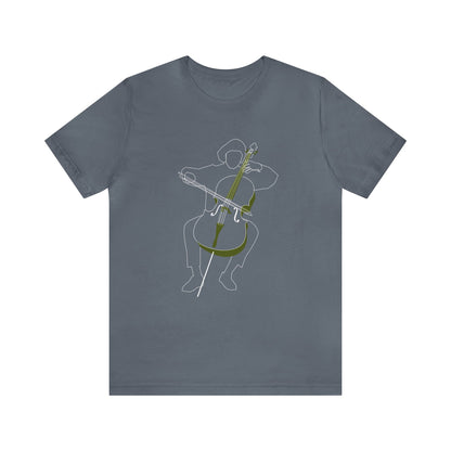 Graphic music t-shirt.  White outline of a person playing the cello on a blue-grey shirt.  Cello has green accents.