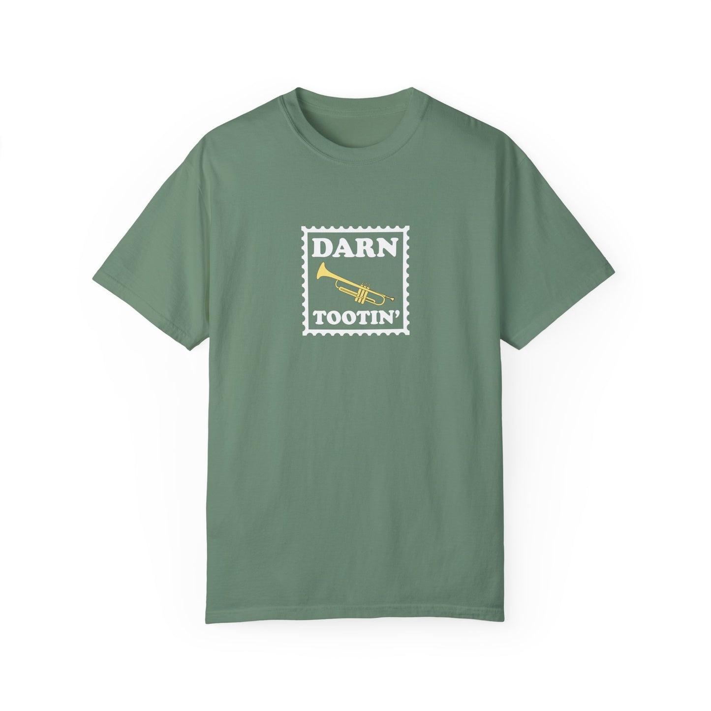 Trumpet player graphic tee, music pun tee that reads "Darn Tootin'", green shirt.