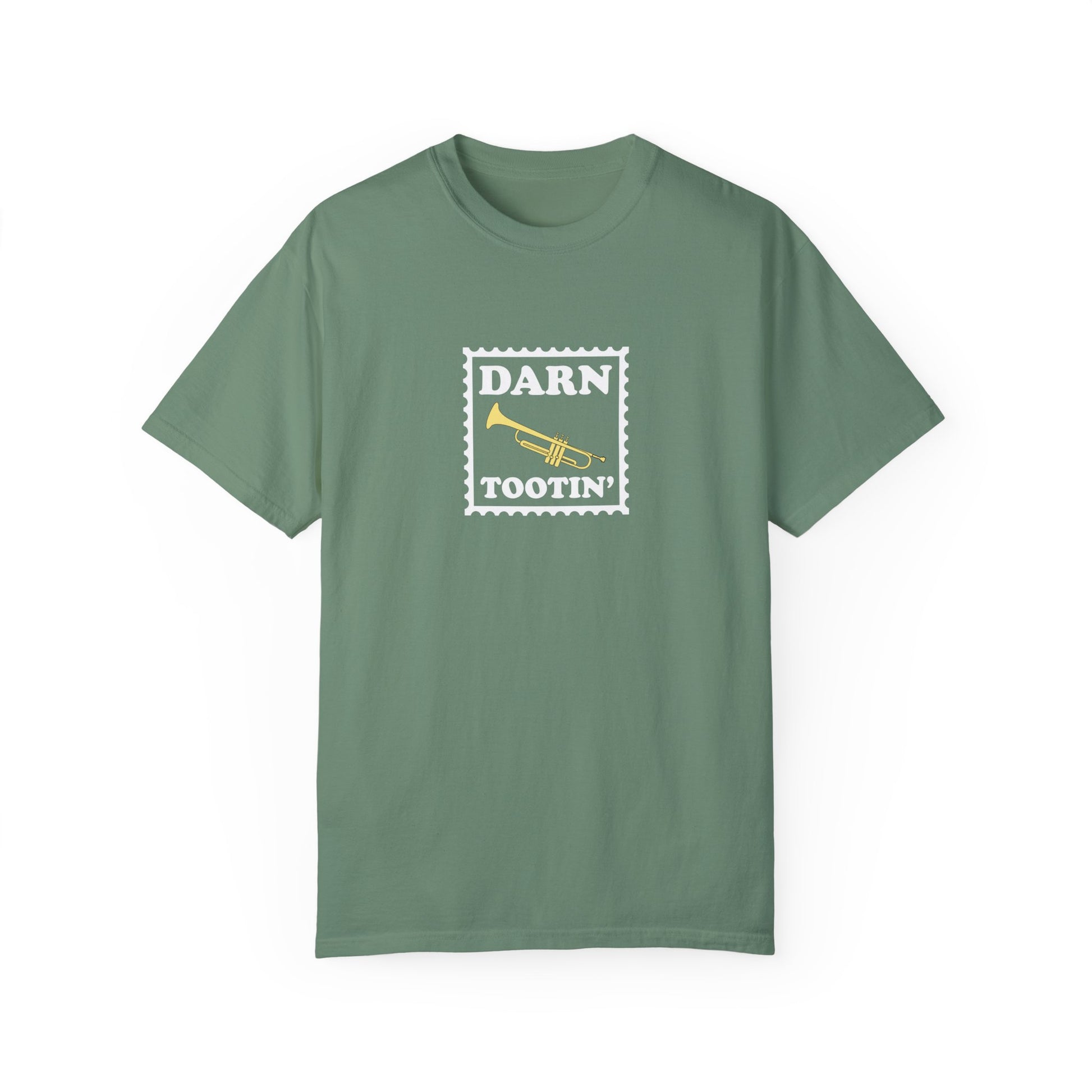 Trumpet player graphic tee, music pun tee that reads "Darn Tootin'", green shirt.