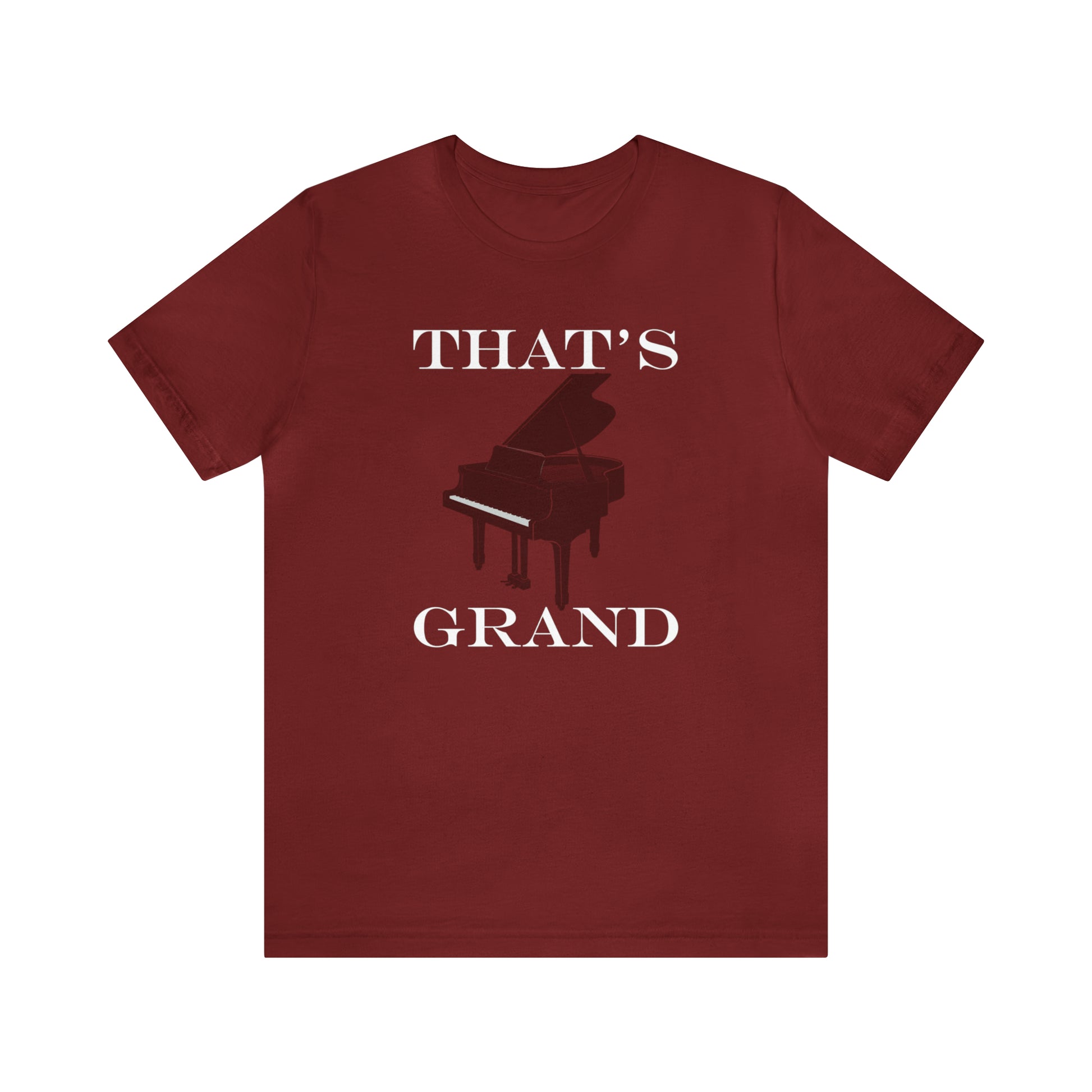 A graphic music pun t-shirt with an image of a grand piano and the words "That's Grand".  Red shirt.