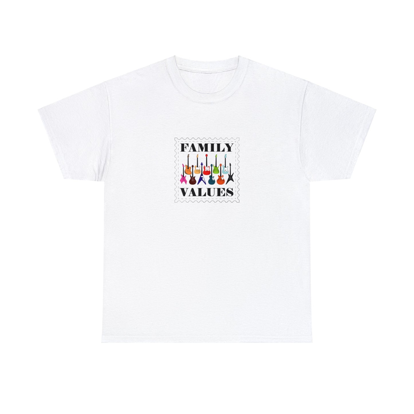 A graphic music t-shirt with 11 electric guitars of different shapes and colors.  The shirt says "Family Values".  