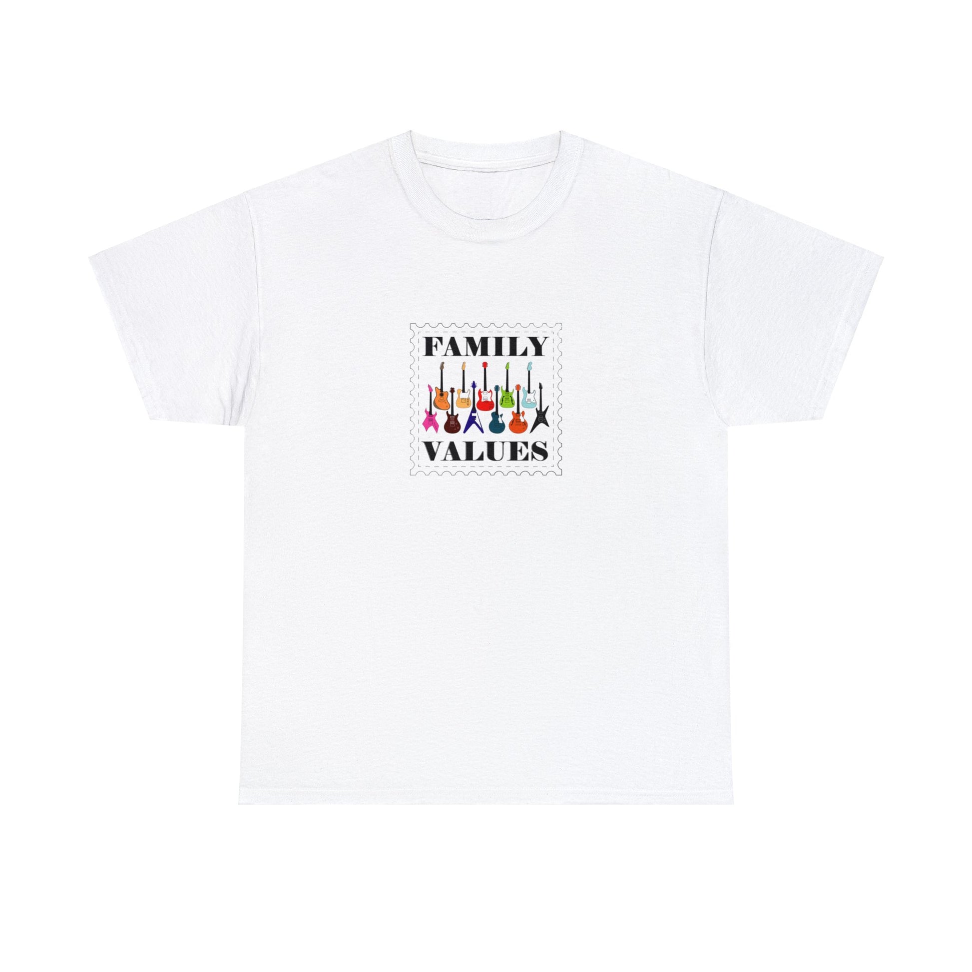 A graphic music t-shirt with 11 electric guitars of different shapes and colors.  The shirt says "Family Values".  