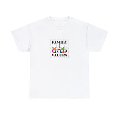 A graphic music t-shirt with 11 electric guitars of different shapes and colors.  The shirt says "Family Values".  