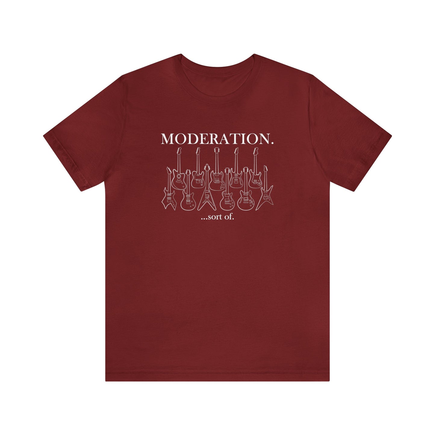 Array of electric guitar outlines and the words "Moderation...sort of".  White graphic and text on red shirt.