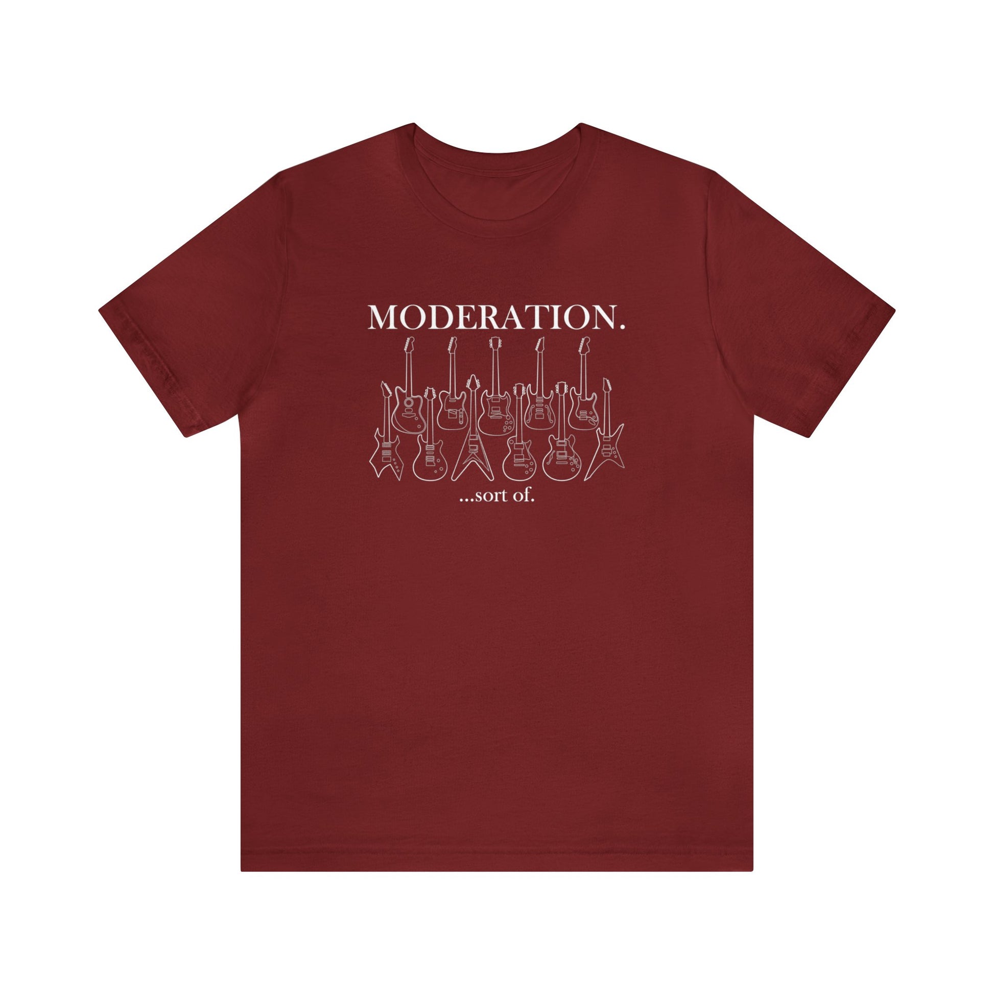 Array of electric guitar outlines and the words "Moderation...sort of".  White graphic and text on red shirt.