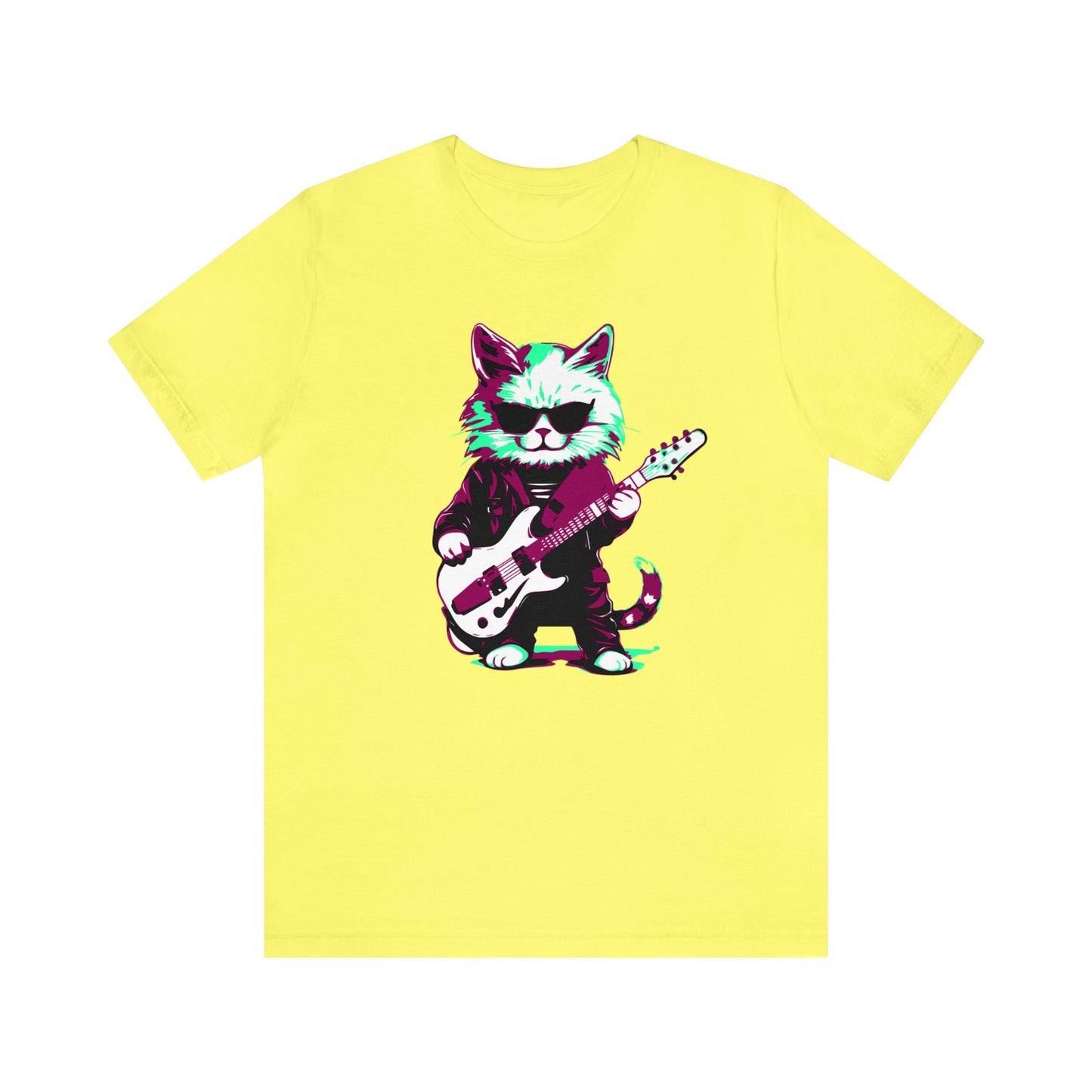 Cat playing the guitar wearing sunglasses T-shirt, music T-shirt