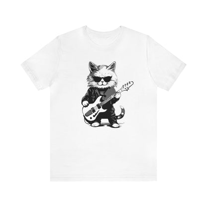 Cat playing the guitar wearing sunglasses T-shirt, music T-shirt