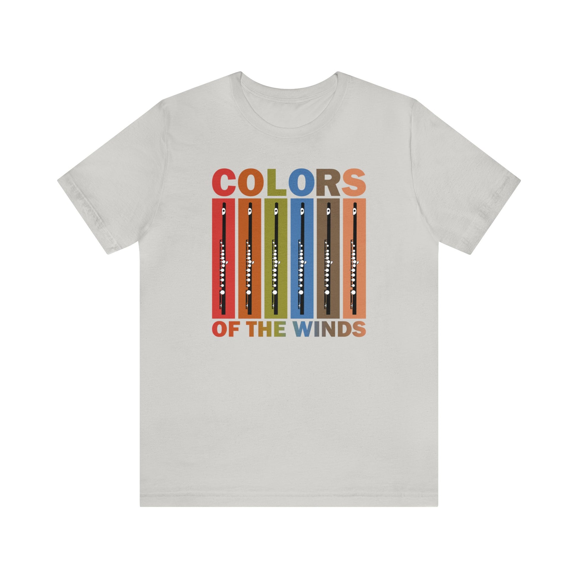 Music T-shirt, pictures of flutes and colors, "Colors of the Wind" music pun t-shirt