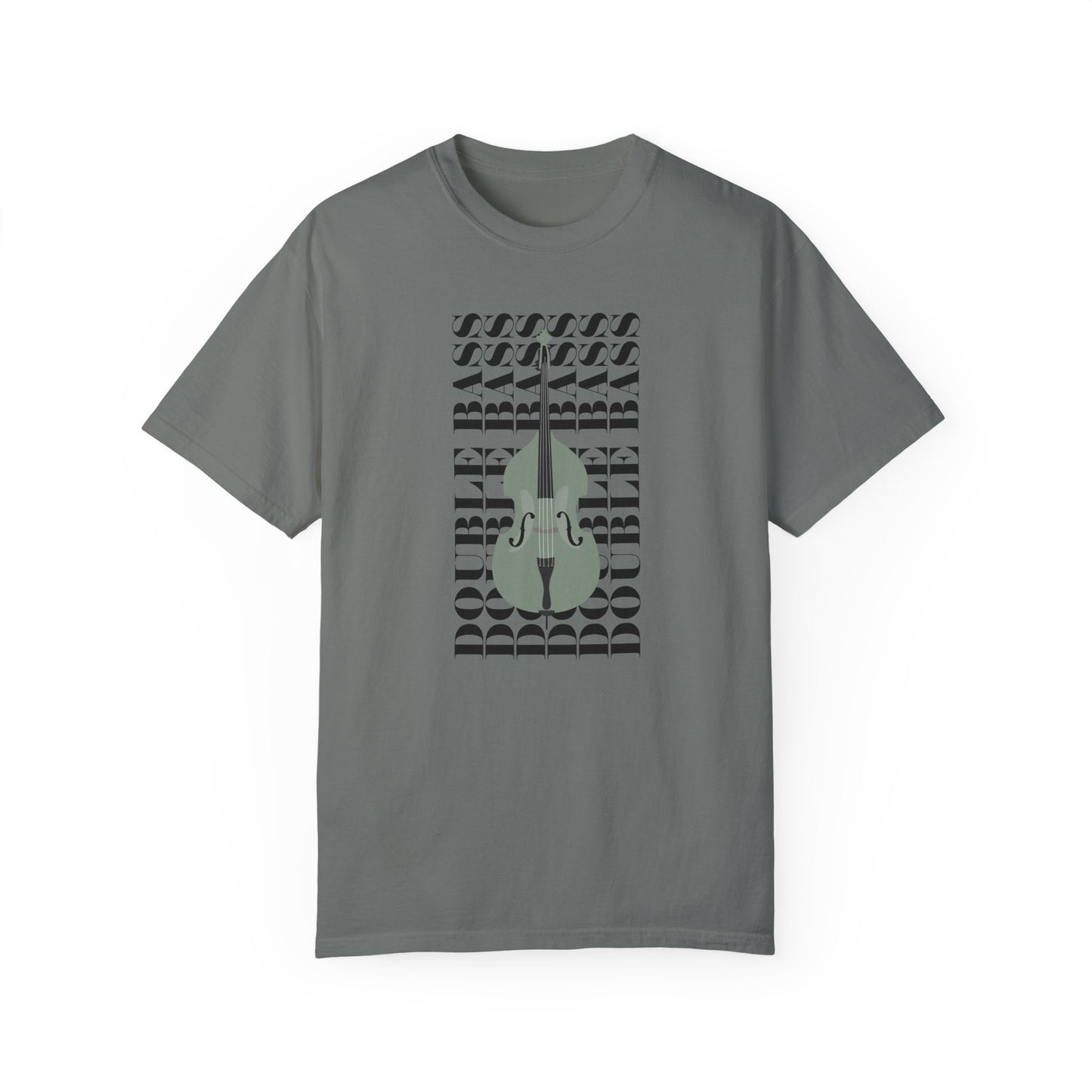 Music T-shirt, the words "double bass" are repeated in the background behind an upright bass.  Graphic Music Tee.  Grey Tee with green musical instrument.