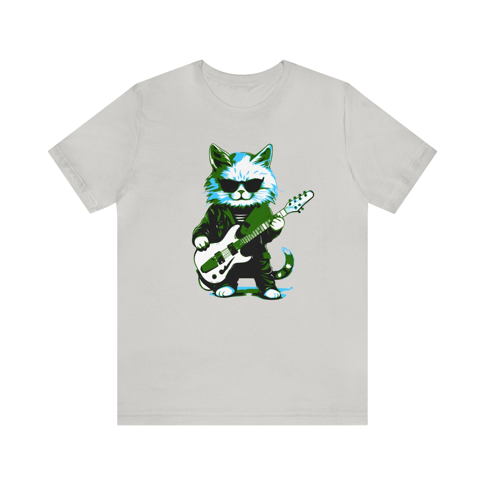 Cat playing the guitar wearing sunglasses T-shirt, music T-shirt