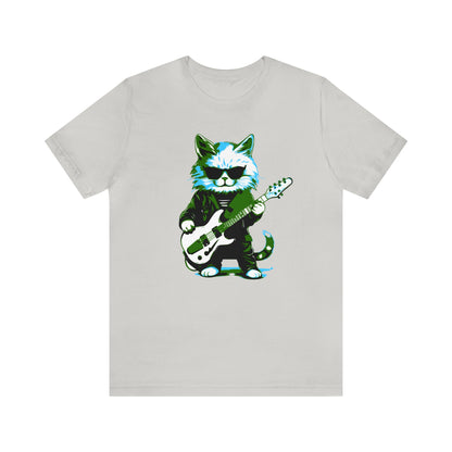 Cat playing the guitar wearing sunglasses T-shirt, music T-shirt