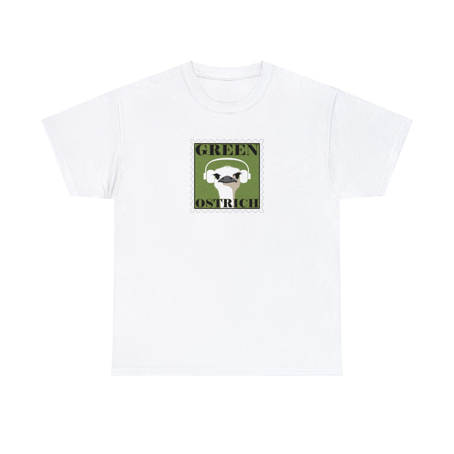 A white t-shirt with a picture of a large postage stamp with a graphic in it of an ostrich wearing headphones.  The ostrich is pretty but kind of grumpy-looking.  The words "Green Ostrich" are on the postage stamp as well.