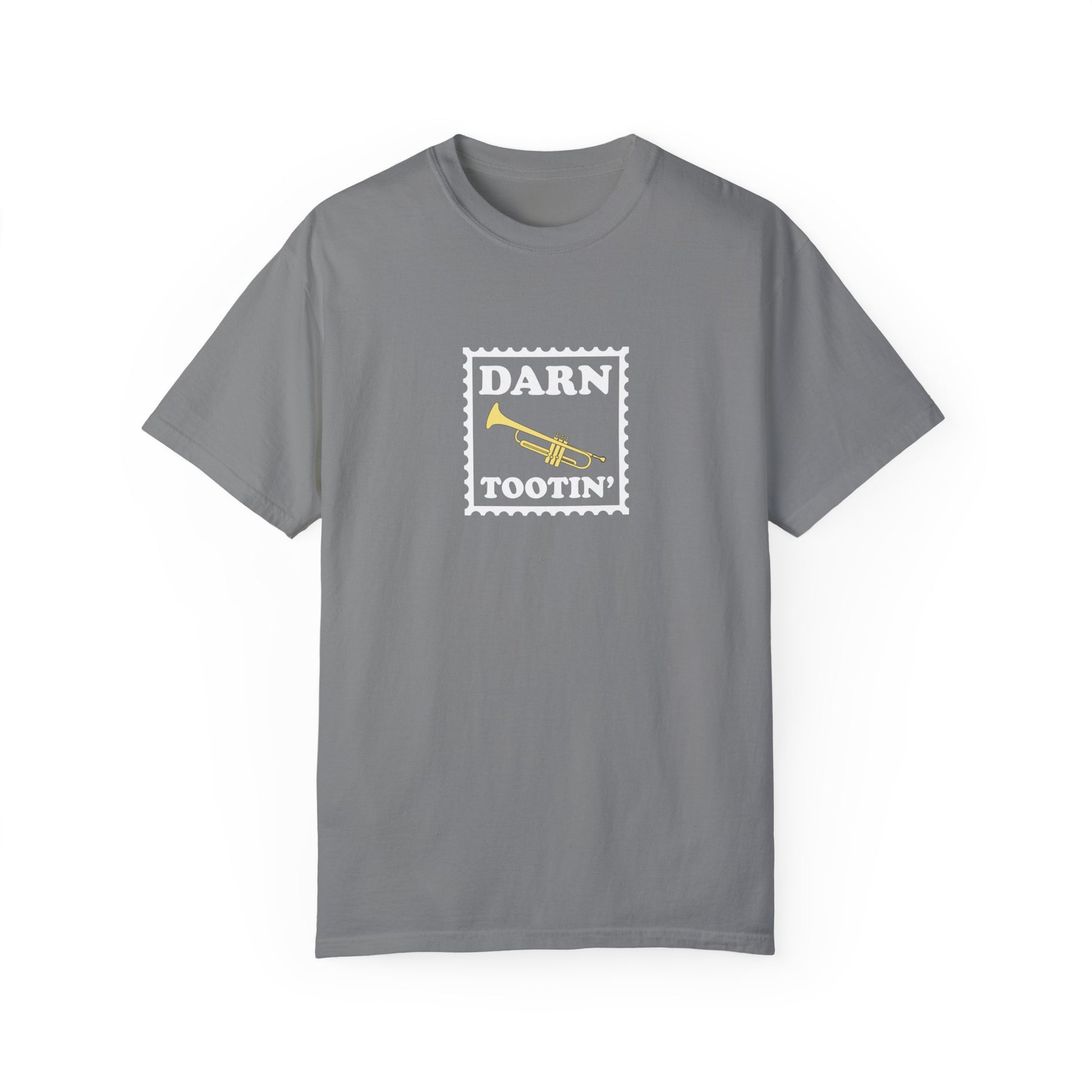 Trumpet player graphic tee, music pun tee that reads "Darn Tootin'", grey shirt.