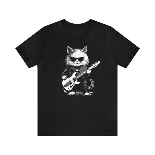Cat playing the guitar wearing sunglasses T-shirt, music T-shirt