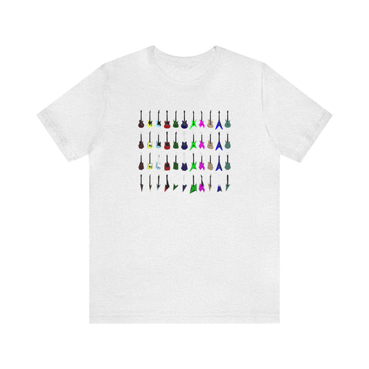 An array of electric guitars of different shapes, brands, and colors.  This graphic music tee shows the guitars becoming more and more abstract from the top to the bottom of the array.