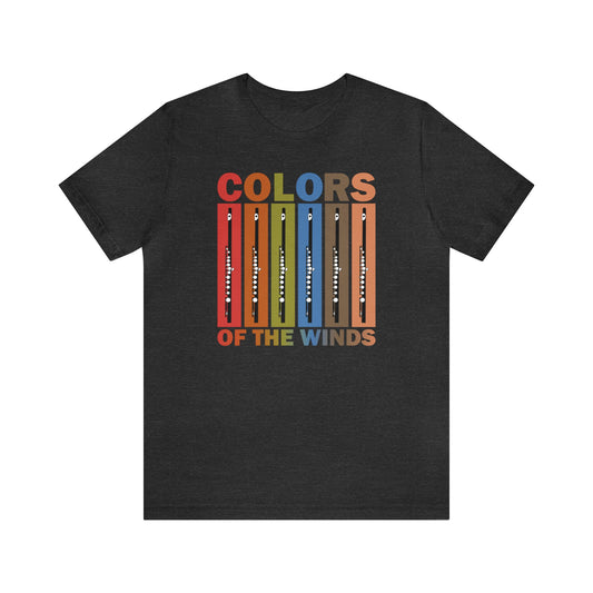 Music T-shirt, pictures of flutes and colors, "Colors of the Wind" music pun t-shirt