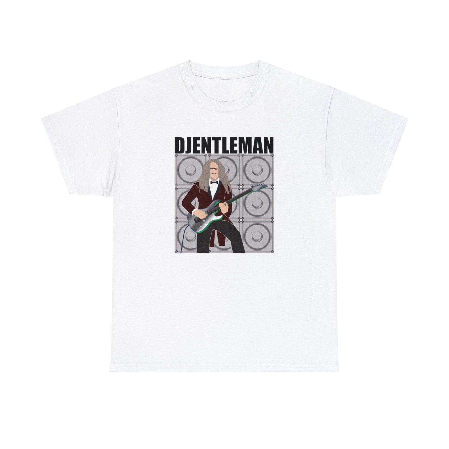 Music Pun T-shirt, the words "Djentalman" with a picture of a man in a red velvet tuxedo playing the guitar with amps behind him.  A play on the word "djent", popular to metal guitarists