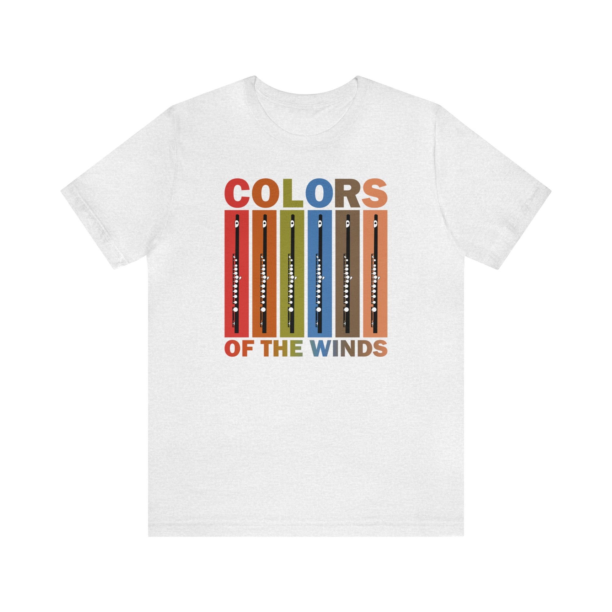 Music T-shirt, pictures of flutes and colors, "Colors of the Wind" music pun t-shirt