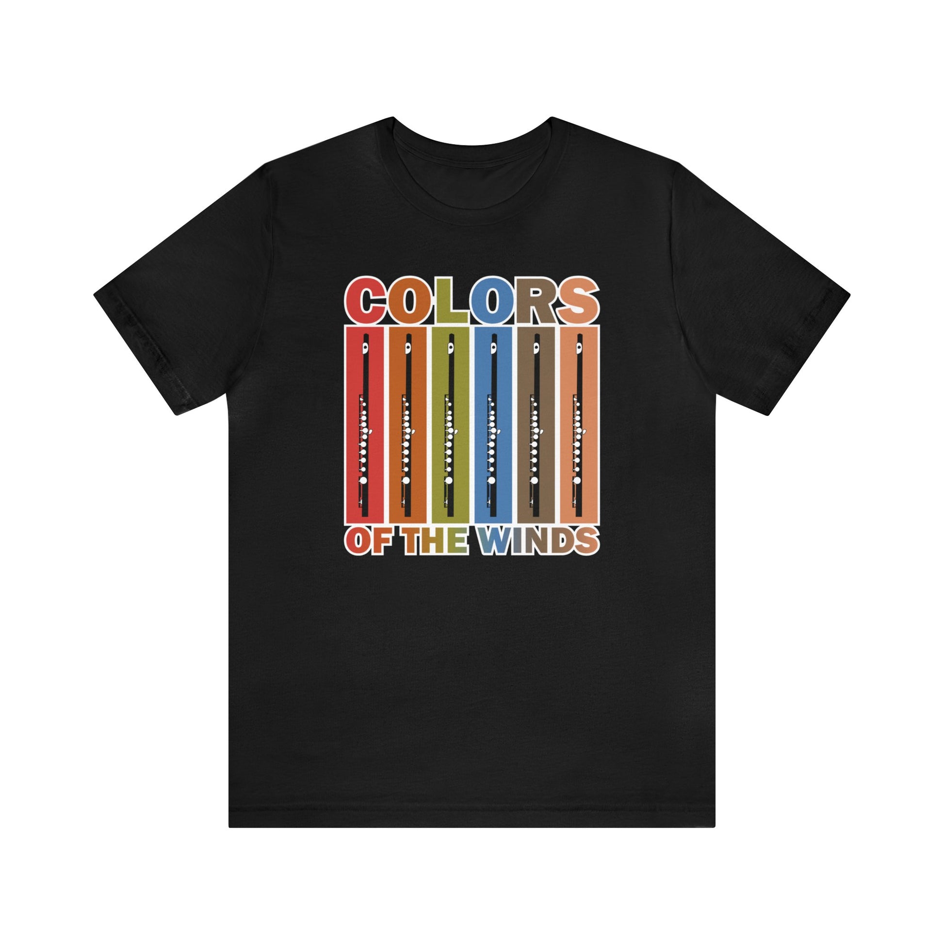 Music T-shirt, pictures of flutes and colors, "Colors of the Wind" music pun t-shirt