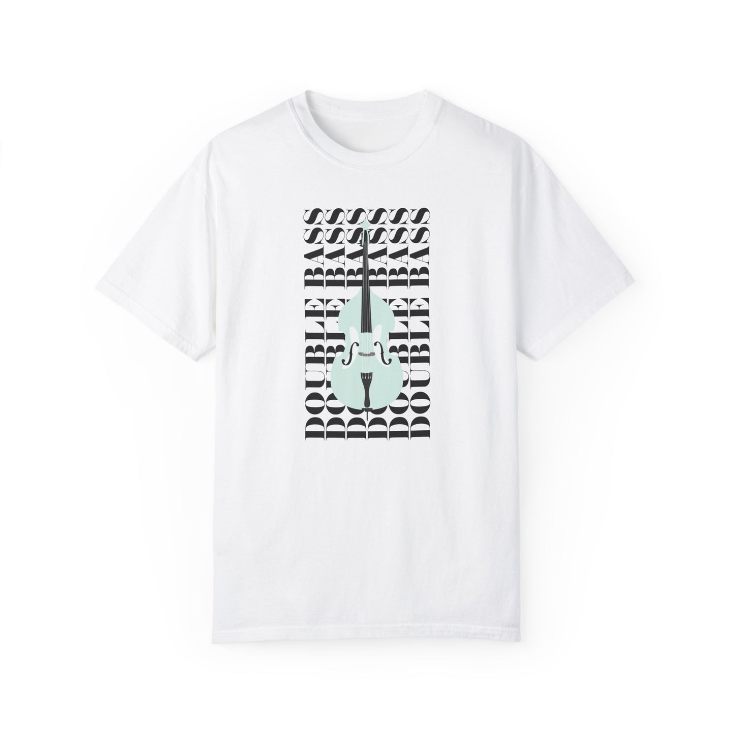 Music T-shirt, the words "double bass" are repeated in the background behind an upright bass.  Graphic Music Tee.  White tee with blue musical instrument.