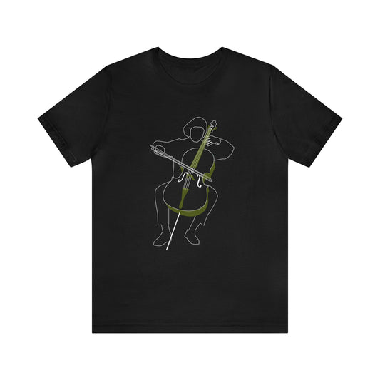 Graphic music t-shirt.  White outline of a person playing the cello on a dark shirt.  Cello has green accents.
